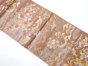 鶴に鴛鴦・草花模様織り出し　袋帯